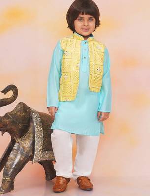 Yellow-blue mirror work silk kaancha jacket kurta pyjama set for boys 1
