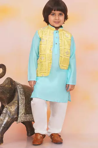 Yellow-blue mirror work silk kaancha jacket kurta pyjama set for boys