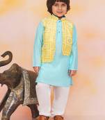 Yellow-blue mirror work silk kaancha jacket kurta pyjama set for boys