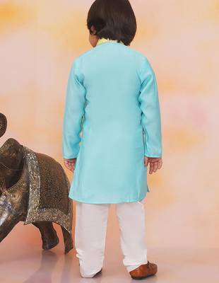 Yellow-blue mirror work silk kaancha jacket kurta pyjama set for boys 2