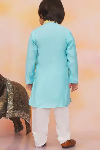 Yellow-blue mirror work silk kaancha jacket kurta pyjama set for boys