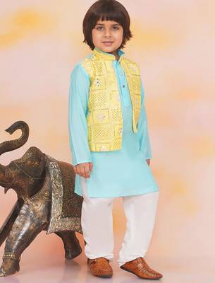 Yellow-blue mirror work silk kaancha jacket kurta pyjama set for boys 3