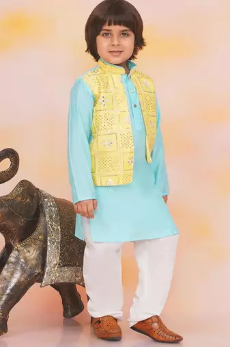 Yellow-blue mirror work silk kaancha jacket kurta pyjama set for boys