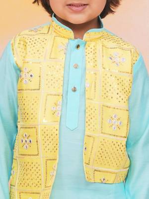 Yellow-blue mirror work silk kaancha jacket kurta pyjama set for boys 4
