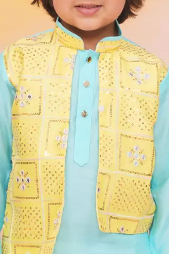 Yellow-blue mirror work silk kaancha jacket kurta pyjama set for boys