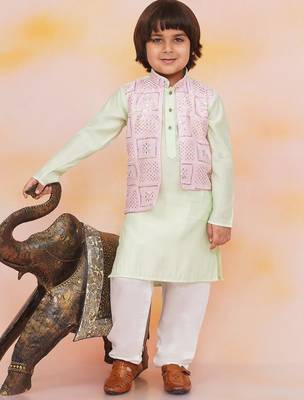 Pink-green mirror work silk kaancha jacket kurta pyjama set for boys 1