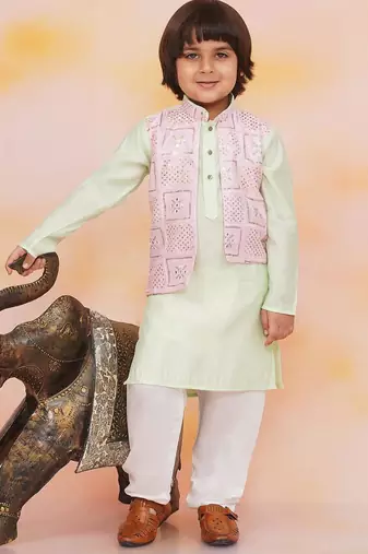 Pink-green mirror work silk kaancha jacket kurta pyjama set for boys