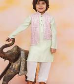 Pink-green mirror work silk kaancha jacket kurta pyjama set for boys