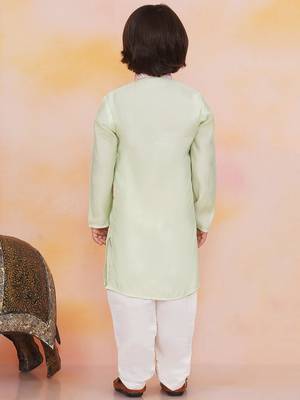 Pink-green mirror work silk kaancha jacket kurta pyjama set for boys 2