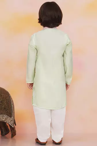 Pink-green mirror work silk kaancha jacket kurta pyjama set for boys