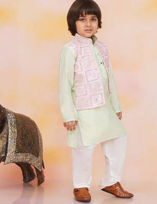 Pink-green mirror work silk kaancha jacket kurta pyjama set for boys 3