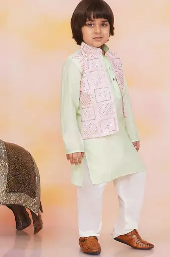 Pink-green mirror work silk kaancha jacket kurta pyjama set for boys