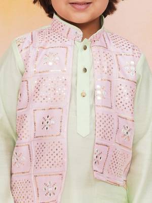 Pink-green mirror work silk kaancha jacket kurta pyjama set for boys 4