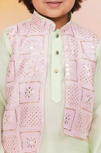 Pink-green mirror work silk kaancha jacket kurta pyjama set for boys
