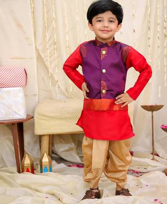 Purple-red printed silk attached silk jacket kurta with dhoti for boys 1