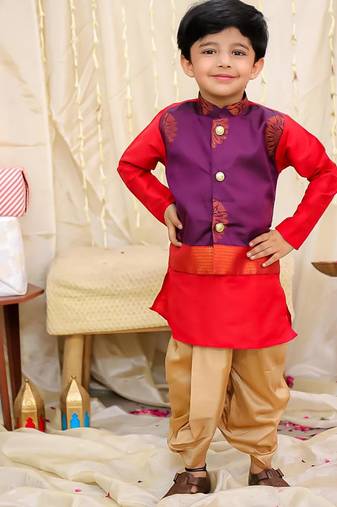 Purple-red printed silk attached silk jacket kurta with dhoti for boys