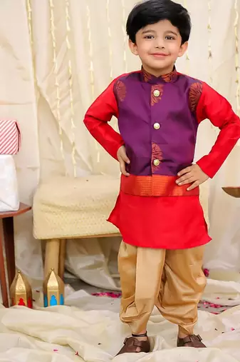Purple-red printed silk attached silk jacket kurta with dhoti for boys