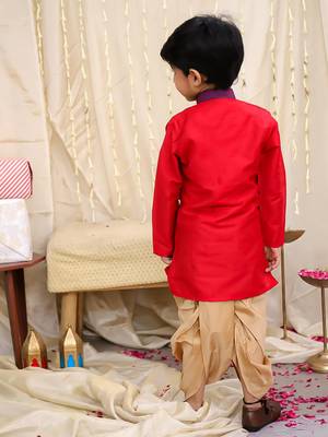 Purple-red printed silk attached silk jacket kurta with dhoti for boys 2