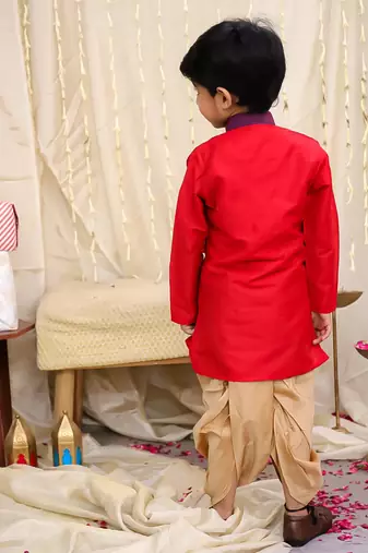 Purple-red printed silk attached silk jacket kurta with dhoti for boys
