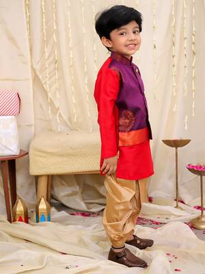 Purple-red printed silk attached silk jacket kurta with dhoti for boys 3