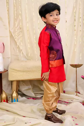 Purple-red printed silk attached silk jacket kurta with dhoti for boys