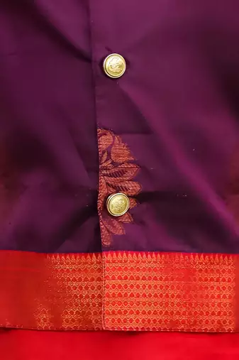 Purple-red printed silk attached silk jacket kurta with dhoti for boys