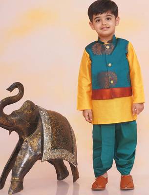 Green-yellow printed silk attached silk jacket kurta with dhoti for boys 1