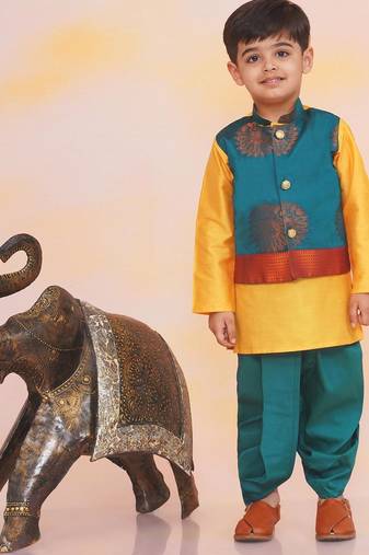 Green-yellow printed silk attached silk jacket kurta with dhoti for boys