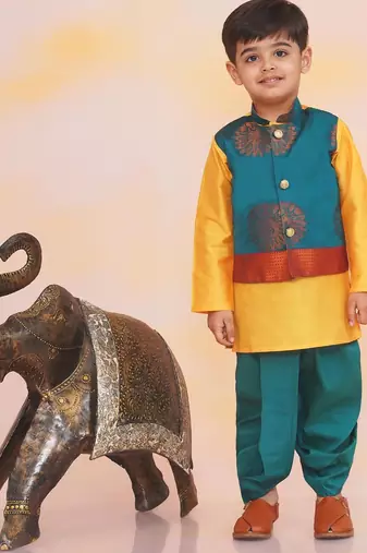 Green-yellow printed silk attached silk jacket kurta with dhoti for boys