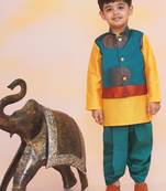 Green-yellow printed silk attached silk jacket kurta with dhoti for boys