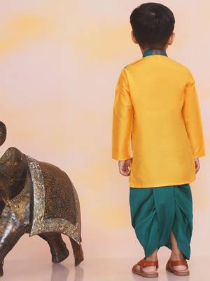 Green-yellow printed silk attached silk jacket kurta with dhoti for boys 2