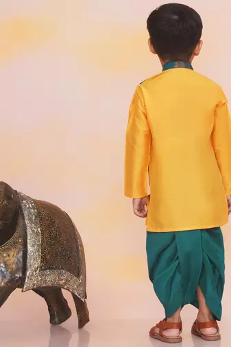Green-yellow printed silk attached silk jacket kurta with dhoti for boys