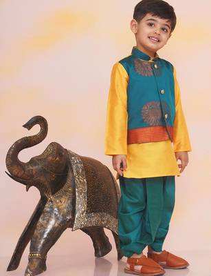 Green-yellow printed silk attached silk jacket kurta with dhoti for boys 3