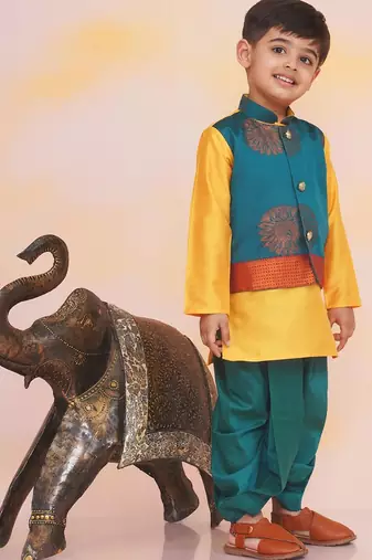Green-yellow printed silk attached silk jacket kurta with dhoti for boys