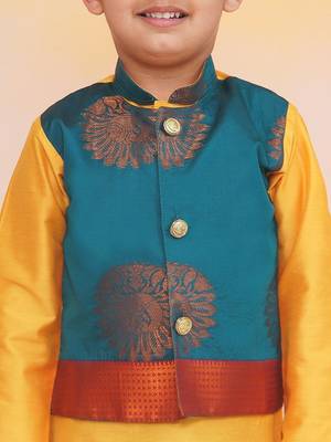 Green-yellow printed silk attached silk jacket kurta with dhoti for boys 4