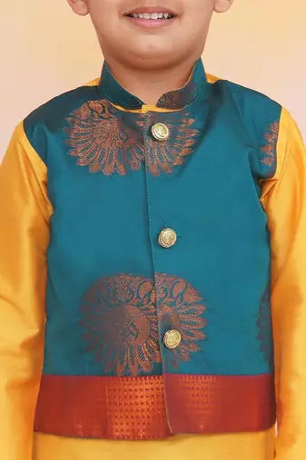 Green-yellow printed silk attached silk jacket kurta with dhoti for boys