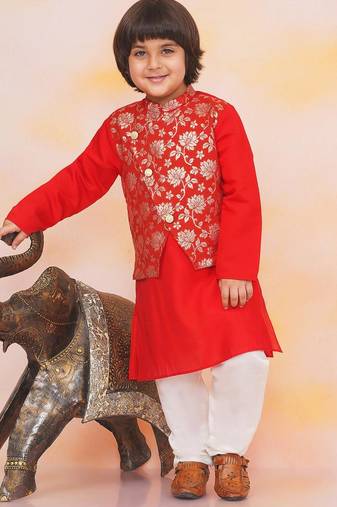 Red printed jacquard attached jacket silk kurta set for boys