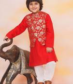 Red printed jacquard attached jacket silk kurta set for boys