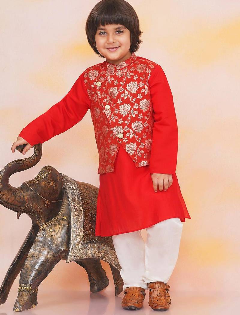 Red printed jacquard attached jacket silk kurta set for boys