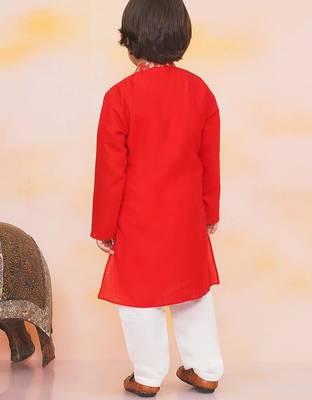 Red printed jacquard attached jacket silk kurta set for boys 2