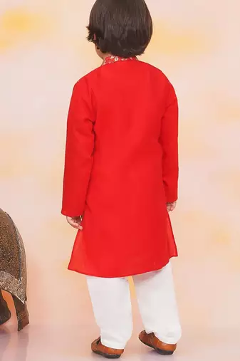 Red printed jacquard attached jacket silk kurta set for boys