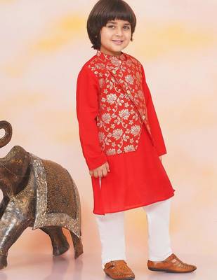Red printed jacquard attached jacket silk kurta set for boys 3