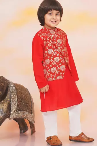 Red printed jacquard attached jacket silk kurta set for boys