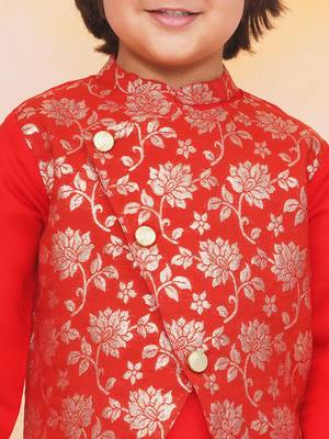 Red printed jacquard attached jacket silk kurta set for boys 4