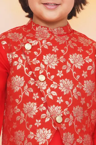 Red printed jacquard attached jacket silk kurta set for boys