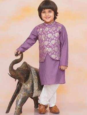 Purple printed jacquard attached jacket silk kurta set for boys 1