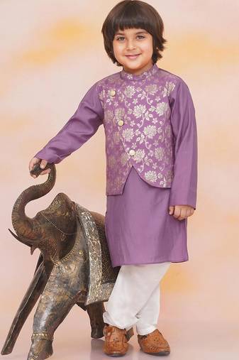 Purple printed jacquard attached jacket silk kurta set for boys