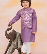 Purple printed jacquard attached jacket silk kurta set for boys