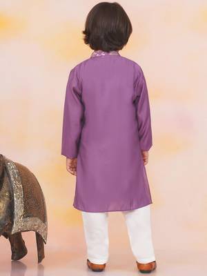 Purple printed jacquard attached jacket silk kurta set for boys 2