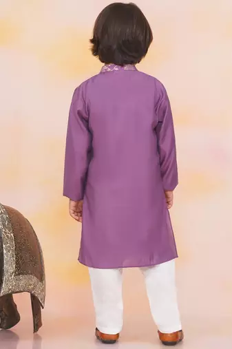 Purple printed jacquard attached jacket silk kurta set for boys
